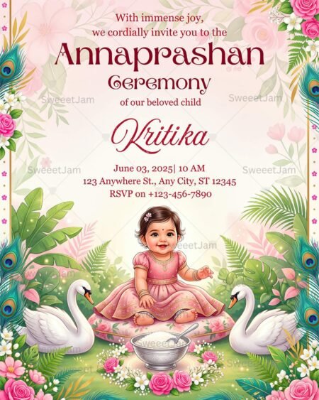 Editable Annaprashan invitation for baby first rice ceremony with cute illustration and floral design