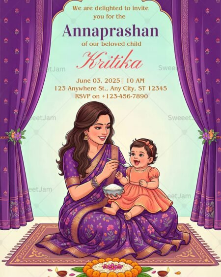 Illustrated Annaprashan invitation 5x7 Canva template showing mother feeding baby first rice ceremony