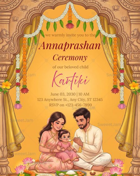 Editable Annaprashan invitation with traditional Indian temple arch, floral garlands, lotus decor, and parents feeding rice to baby