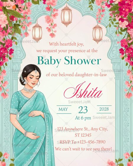 Editable baby shower invitation with floral arch, hanging lanterns, and elegant Indian maternity illustration