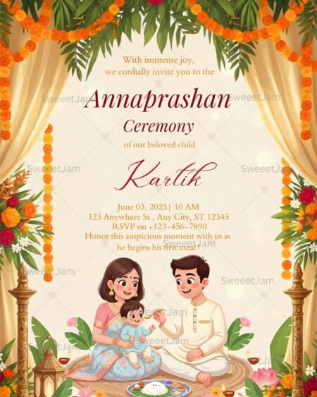 Luxury Annaprashan invitation 5x7 Canva template for Indian baby first rice ceremony
