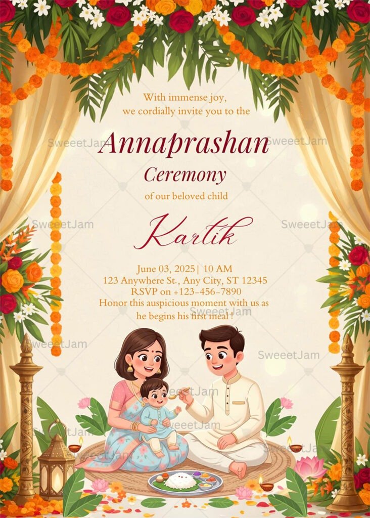 Luxury Annaprashan invitation 5x7 Canva template for Indian baby first rice ceremony