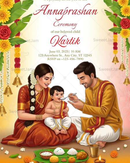 Editable Annaprashan invitation with traditional Indian parents feeding rice to baby, festive floral and ceremonial decor