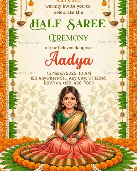 Editable half saree ceremony invitation for traditional South Indian function
