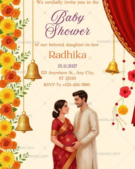 Luxury Indian baby shower invitation 5x7 Canva template with traditional couple illustration