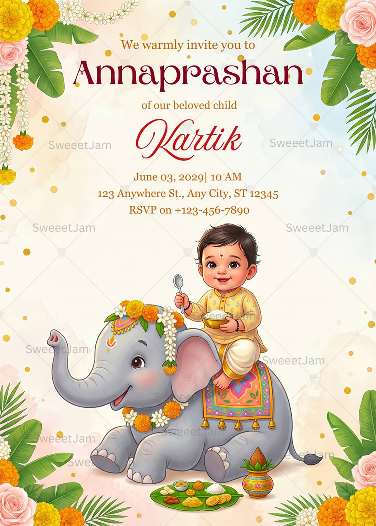 Editable annaprashan invitation 5x7 Canva template for baby first rice ceremony