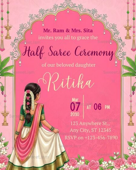 Editable pink half saree ceremony invitation for girl