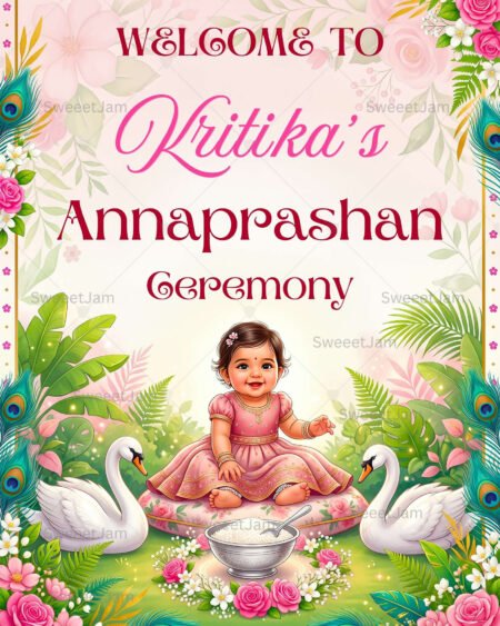 Editable baby girl Annaprashan welcome sign with floral decor, peacock feathers, swans, and traditional rice ceremony illustration