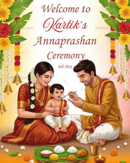 Editable Annaprashan welcome sign with traditional Indian family illustration, floral garlands and ceremonial decor