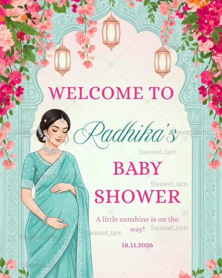 Editable baby shower welcome sign with floral arch, hanging lanterns, and elegant Indian maternity illustration