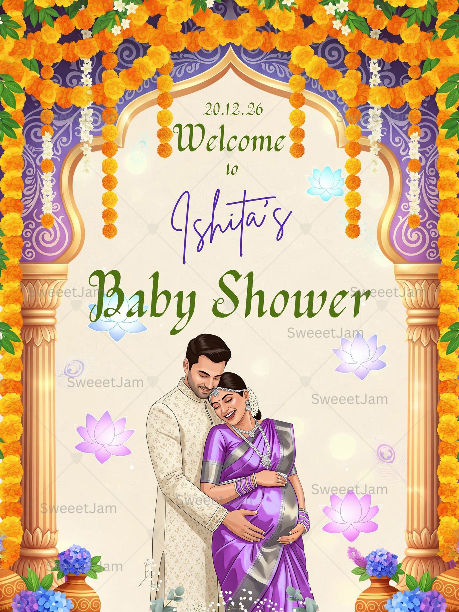 Luxury Indian baby shower welcome sign 18x24 Canva template for Seemantham ceremony