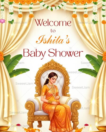 Luxury Indian baby shower welcome sign 18x24 Canva template with traditional maternity illustration