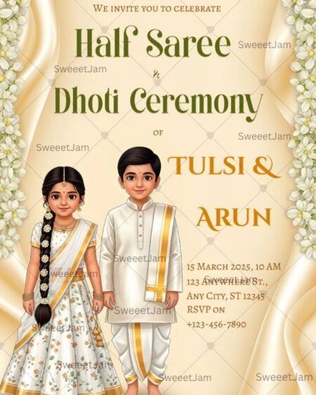 Half Saree and Dhoti Ceremony invitation with traditional South Indian kids illustration