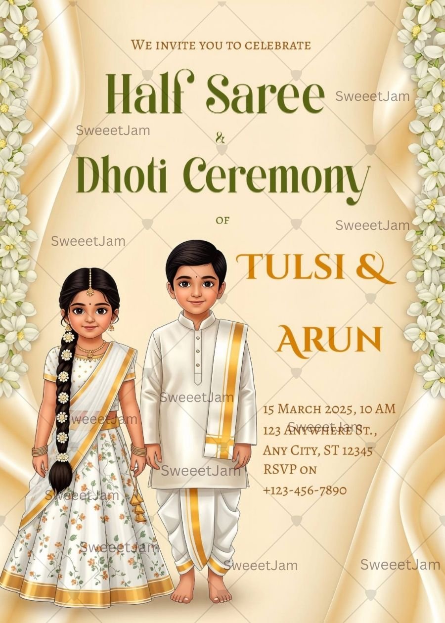 Half Saree and Dhoti Ceremony invitation with traditional South Indian kids illustration
