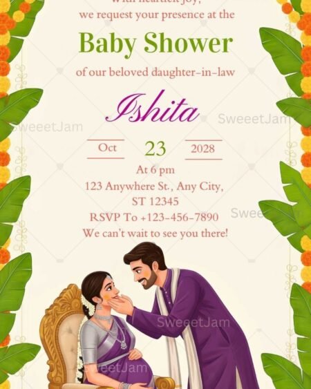 couple baby shower invite , canva template, godh bharai, seemantham, card.Beautiful South Indian baby shower invitation with illustrated couple in traditional attire. Banana leaf and marigold border design. Fully editable in Canva. Change name date venue in minutes. Instant digital download. Print or share on WhatsApp. Perfect for Seemantham and Valaikappu ceremony.