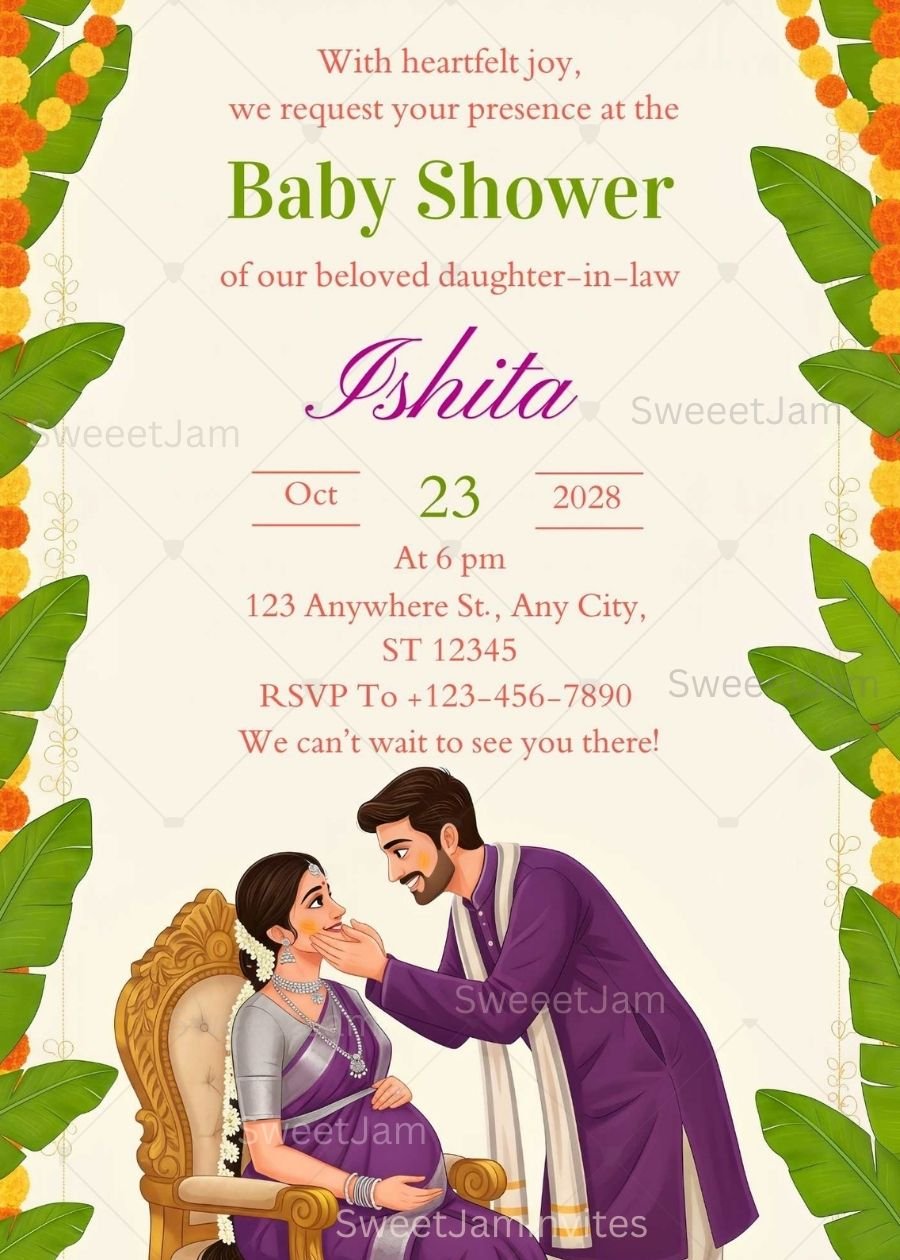 couple baby shower invite , canva template, godh bharai, seemantham, card.Beautiful South Indian baby shower invitation with illustrated couple in traditional attire. Banana leaf and marigold border design. Fully editable in Canva. Change name date venue in minutes. Instant digital download. Print or share on WhatsApp. Perfect for Seemantham and Valaikappu ceremony.