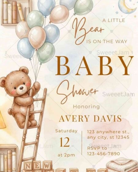 A Little Bear Is On The Way" Baby Shower Invitation A dreamy, pastel watercolor baby shower invitation styled on a wooden table with eucalyptus sprigs around it. A brown teddy bear climbs a wooden ladder while holding a cluster of blue, green, and blush balloons. A moon, stars, and bookshelves complete the nursery scene.