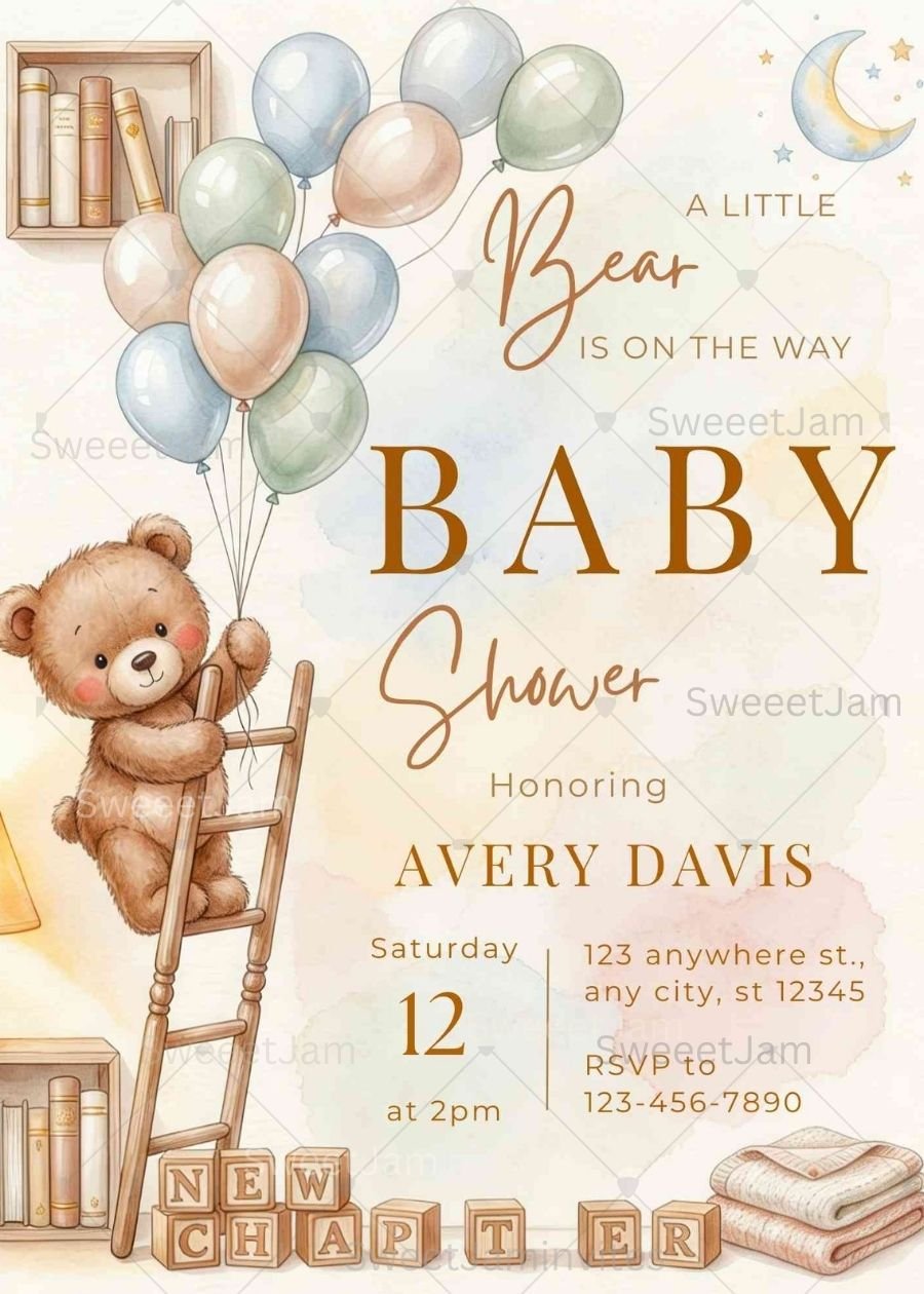 A Little Bear Is On The Way" Baby Shower Invitation A dreamy, pastel watercolor baby shower invitation styled on a wooden table with eucalyptus sprigs around it. A brown teddy bear climbs a wooden ladder while holding a cluster of blue, green, and blush balloons. A moon, stars, and bookshelves complete the nursery scene.