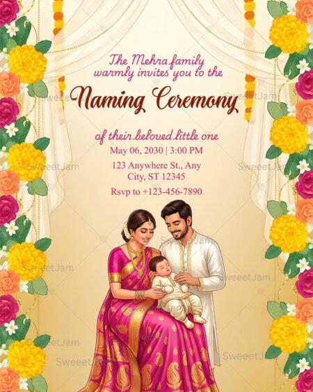 Traditional Indian Naming Ceremony invitation with floral garlands and family illustration