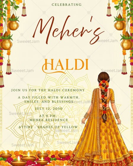 Indian Haldi ceremony invitation featuring a bride in yellow attire with traditional floral and diya decor