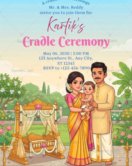 Traditional Indian cradle ceremony invitation with decorated cradle and family illustration