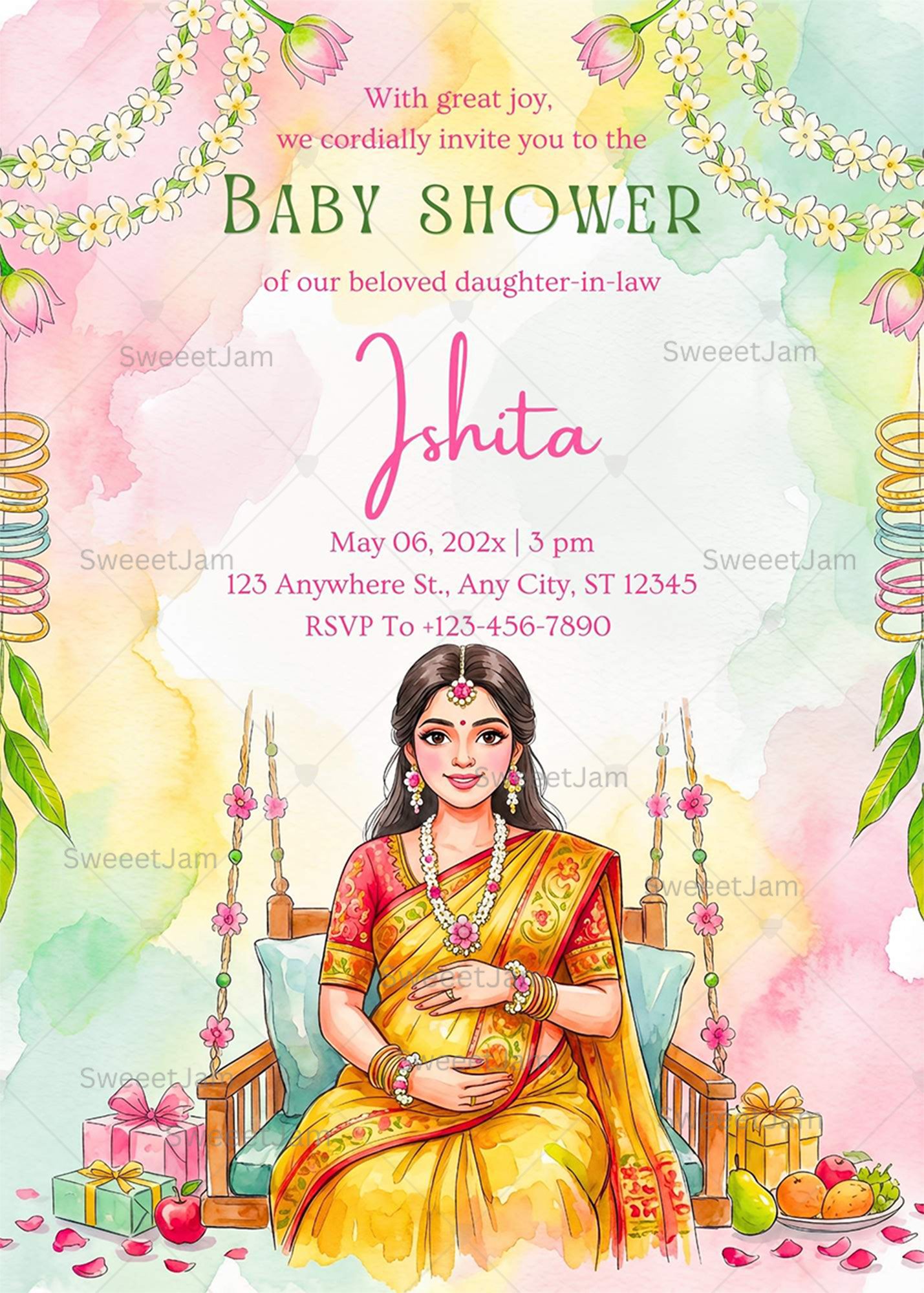 Editable baby shower invitation with Indian mom-to-be illustration, watercolor background, floral garlands, and festive gift accents