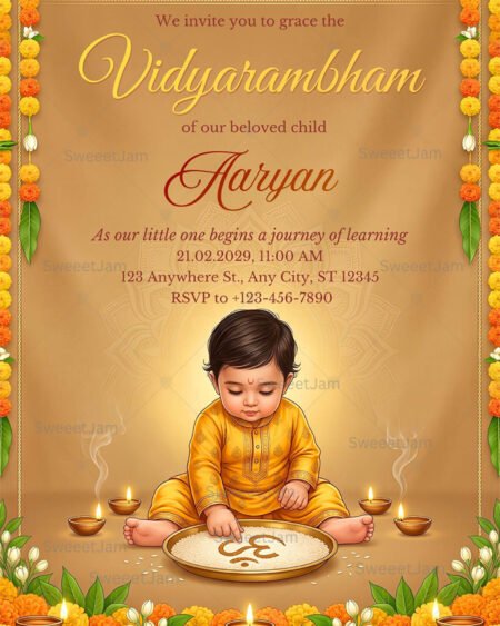 Traditional Indian Vidyarambham ceremony invitation with child beginning learning and festive decor