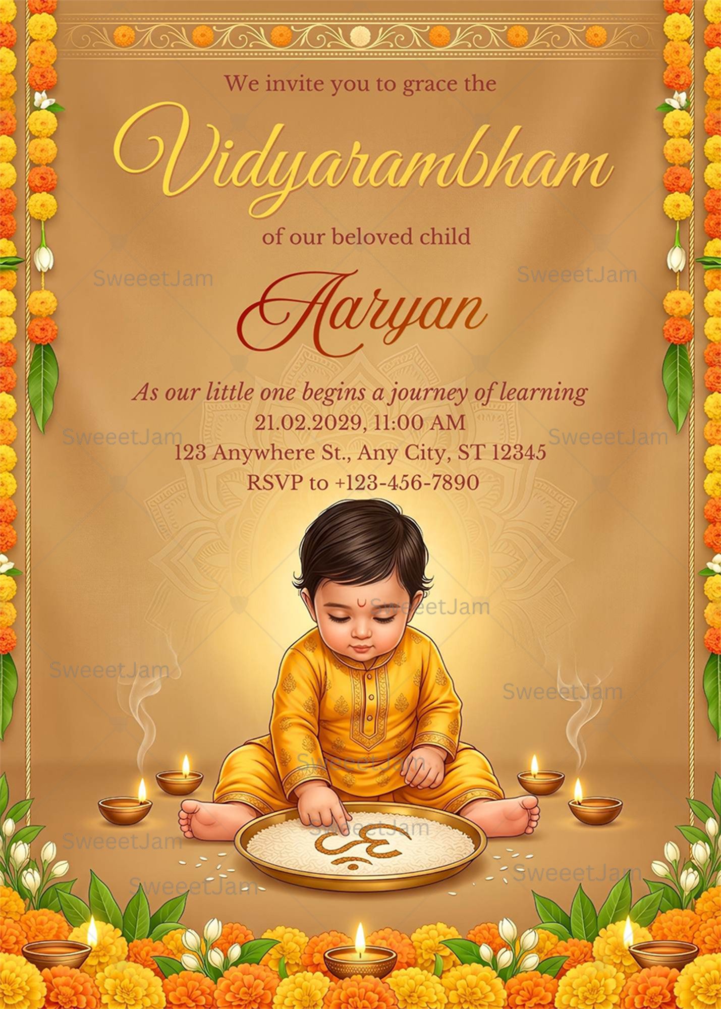 Traditional Indian Vidyarambham ceremony invitation with child beginning learning and festive decor