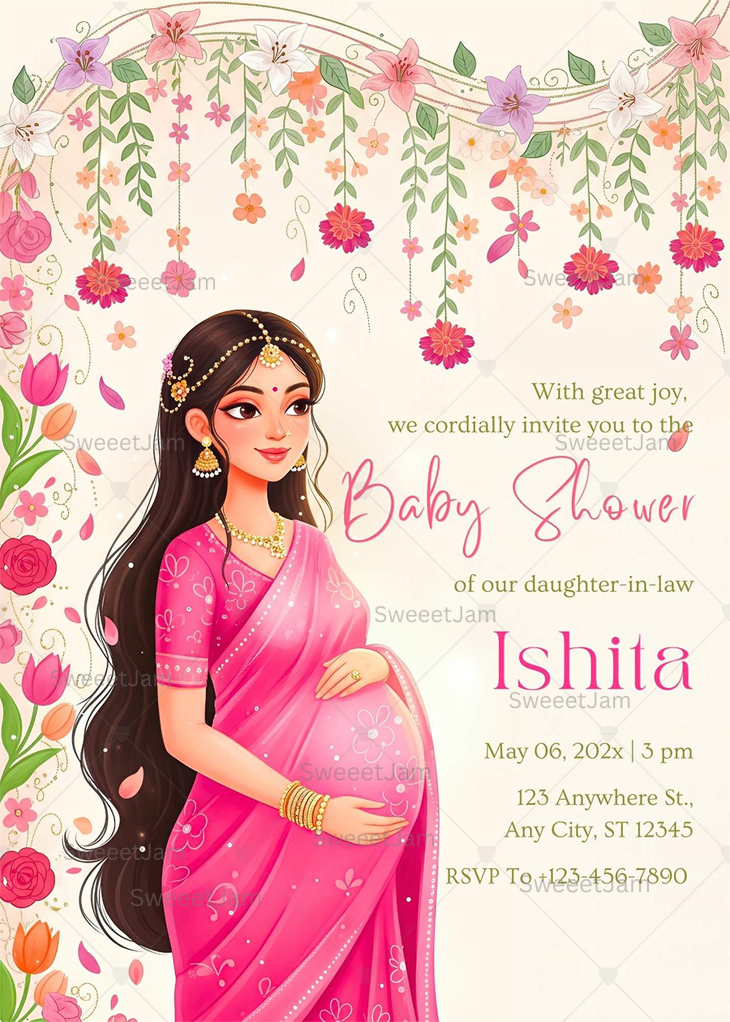 Editable baby shower invitation with Indian mom-to-be illustration, floral garlands, pink saree, and soft pastel background