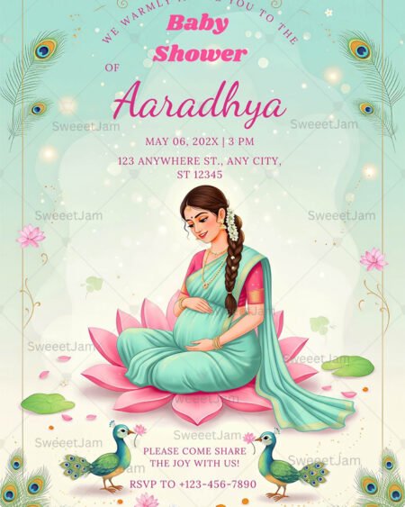 Editable baby shower invitation featuring Indian mom-to-be seated on lotus flower with peacock accents and soft pastel background
