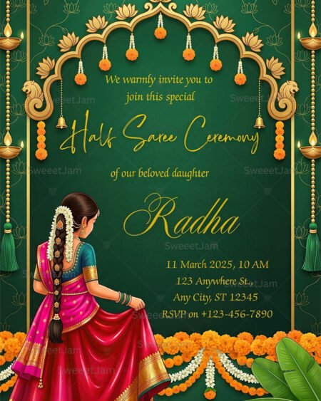 Traditional Half Saree Ceremony invitation with illustrated girl, green background, marigold garlands, bells, and diyas