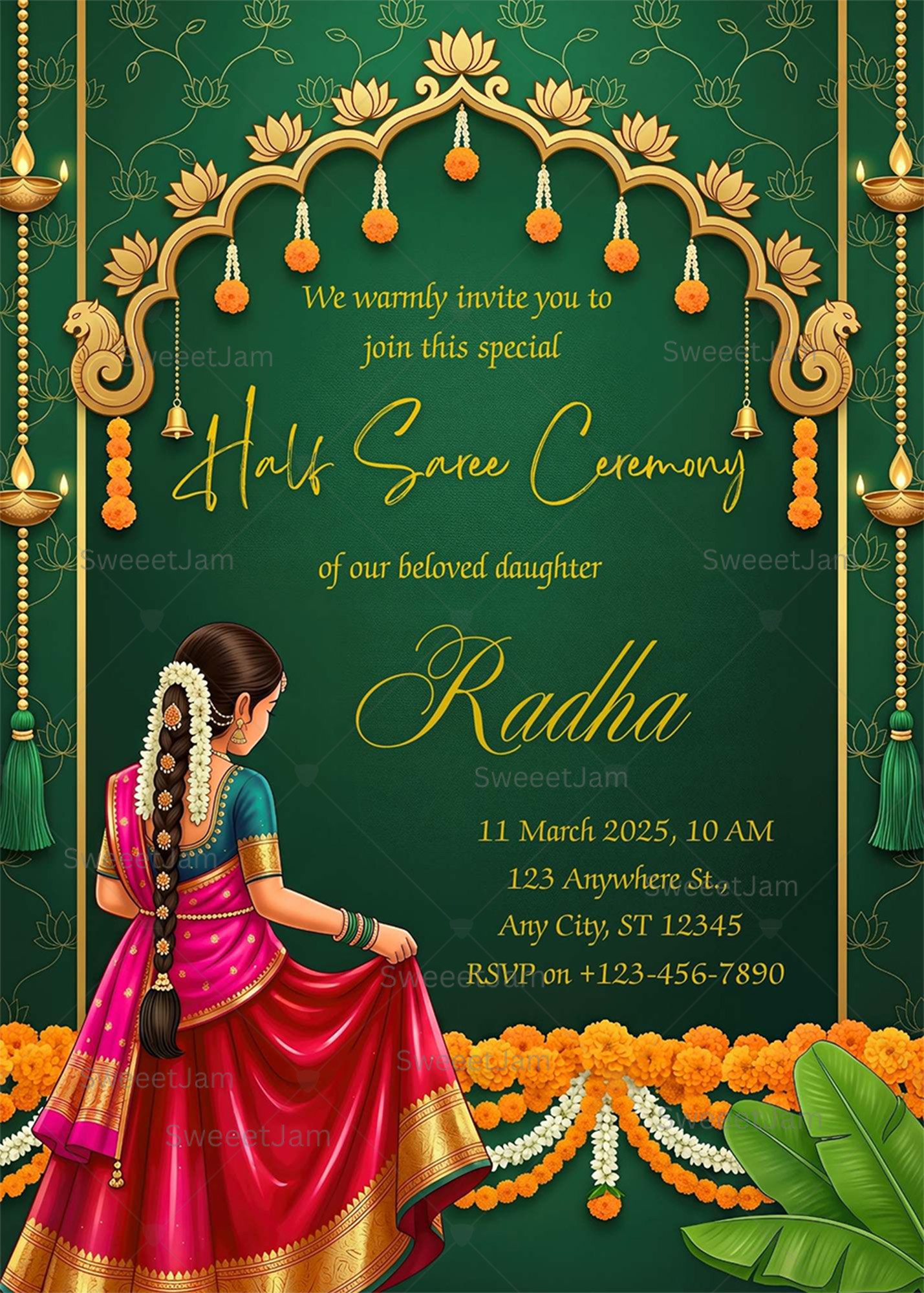 Traditional Half Saree Ceremony invitation with illustrated girl, green background, marigold garlands, bells, and diyas