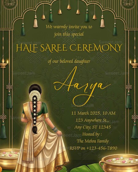 Editable Half Saree Ceremony invitation design with traditional Indian artwork