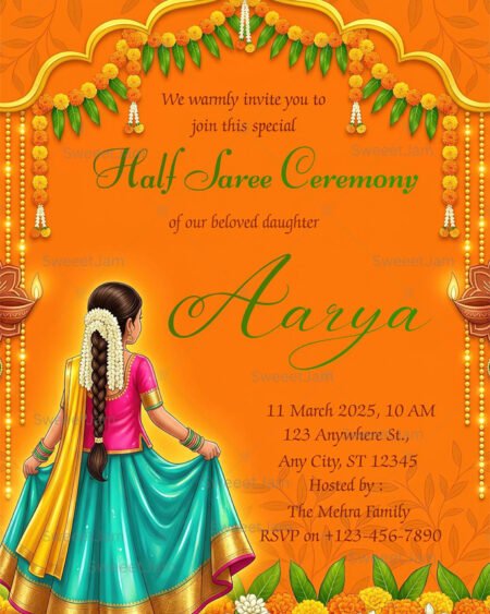 Editable Half Saree Ceremony invitation with traditional Indian artwork and floral garlands
