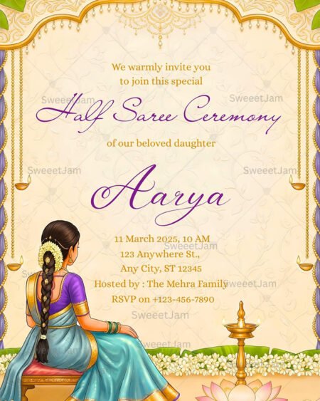 Elegant Half Saree Ceremony invitation with traditional Indian artwork and floral detailing