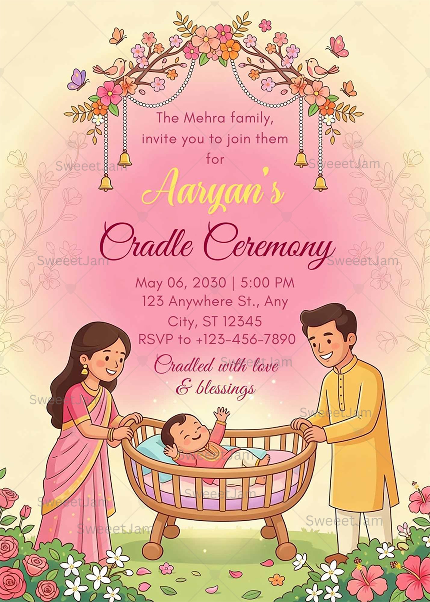 Floral Indian cradle ceremony invitation with pastel background, baby cradle illustration, parents illustration, and editable digital invitation design