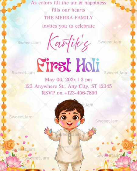 Editable First Holi invitation design with colorful Indian festival illustration