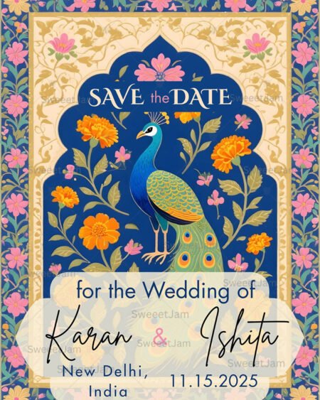 Indian peacock Save The Date wedding card with Mughal floral frame in royal blue and gold, editable 5x7 Canva template