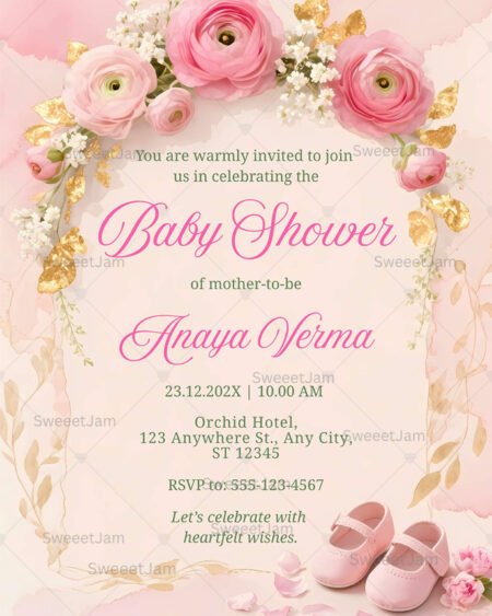 Pink floral baby shower invitation with gold leaf accents and baby shoes, editable 5x7 Canva template for girl baby shower