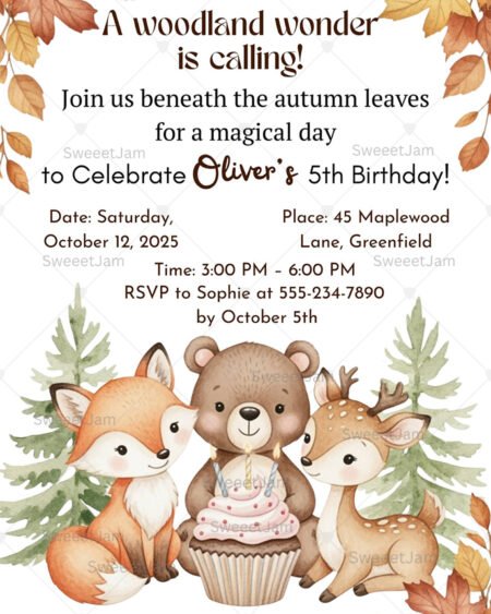 Editable woodland birthday invitation featuring fox, bear, and deer forest animals with autumn leaves, 5x7 portrait Canva template
