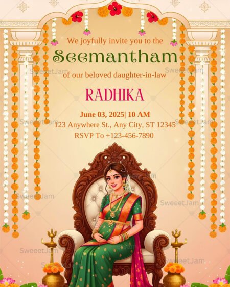 Editable Seemantham invitation with traditional Indian maternity illustration, marigold garlands, banana leaves, and festive floral decor