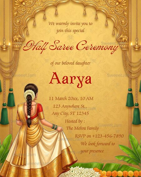 Golden traditional Half Saree Ceremony invitation with Indian artwork and floral detailing