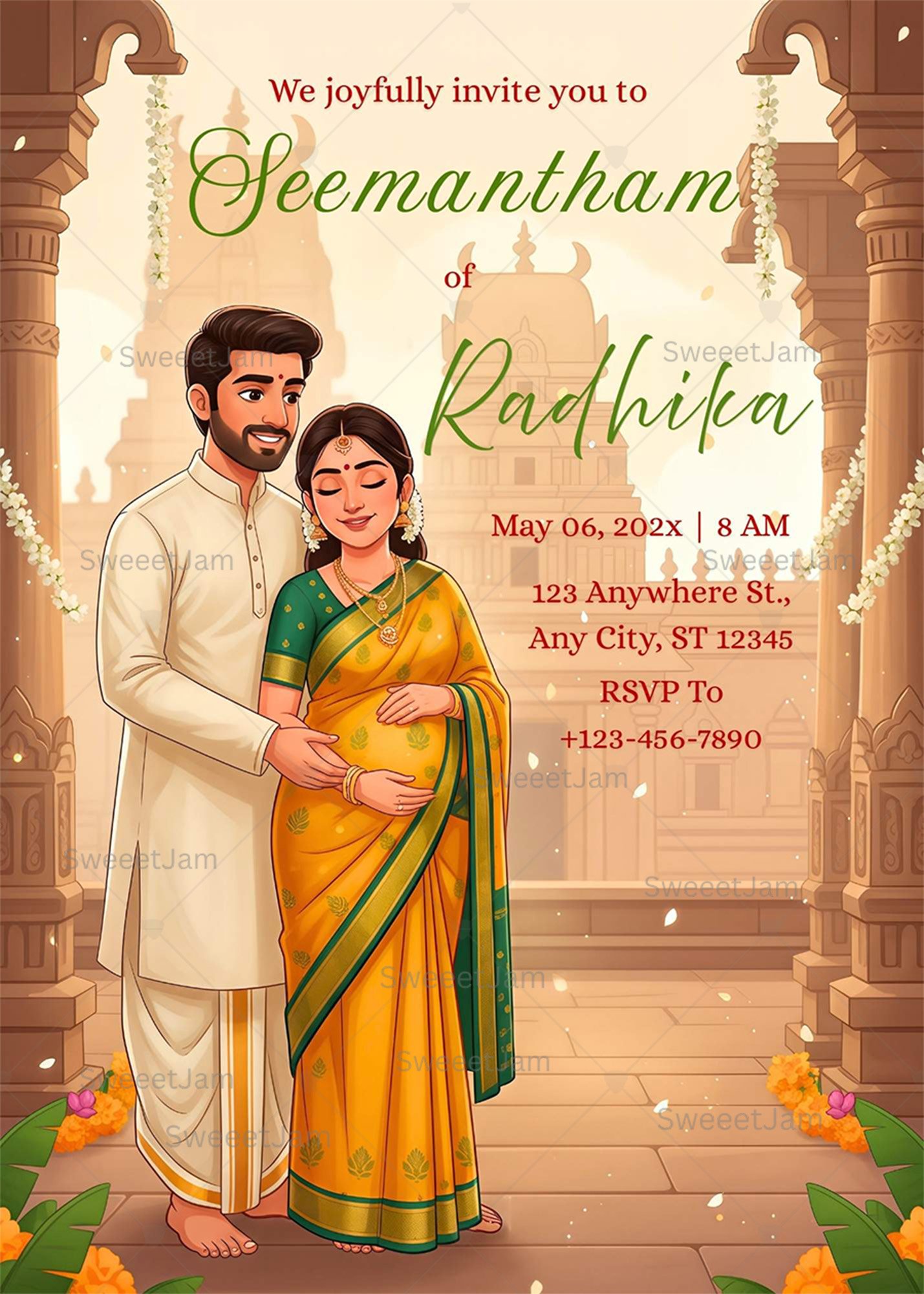 Traditional Indian Seemantham invitation featuring pregnant couple in temple setting with floral decorations