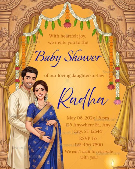 Traditional Indian baby shower invitation with couple illustration and floral arch décor