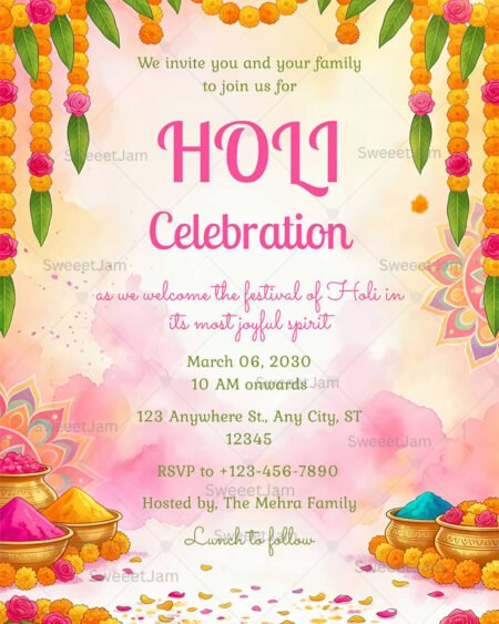 Indian Holi celebration invitation with marigold garlands, colorful gulal bowls, and festive watercolor background