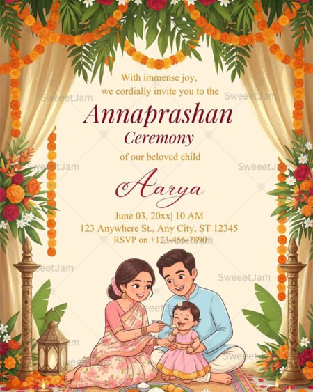 Indian Annaprashan ceremony invitation featuring family rice feeding ritual with floral and festive decor