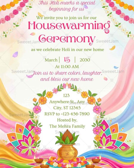 Holi themed housewarming ceremony invitation with rangoli, diyas, floral garlands and kalash illustration
