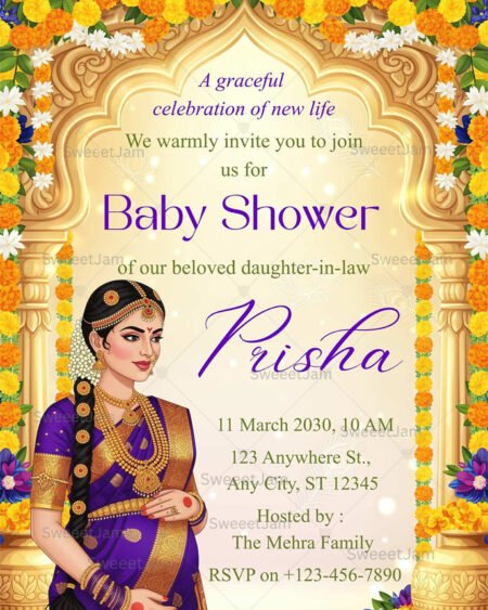 Traditional Indian baby shower invitation with floral arch, marigold garlands and elegant maternity illustration