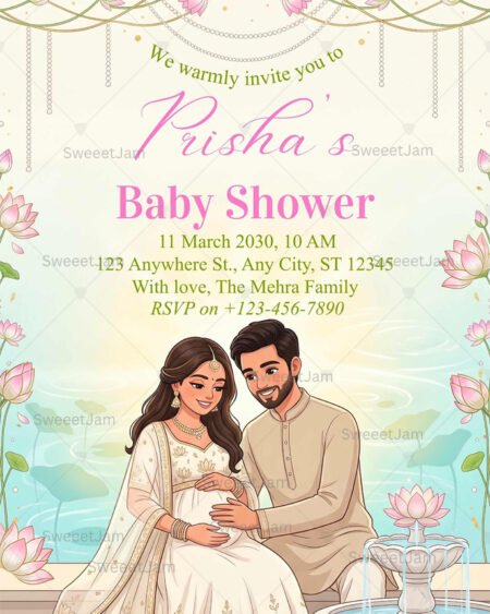 Elegant Indian baby shower invitation featuring expecting couple with lotus floral background