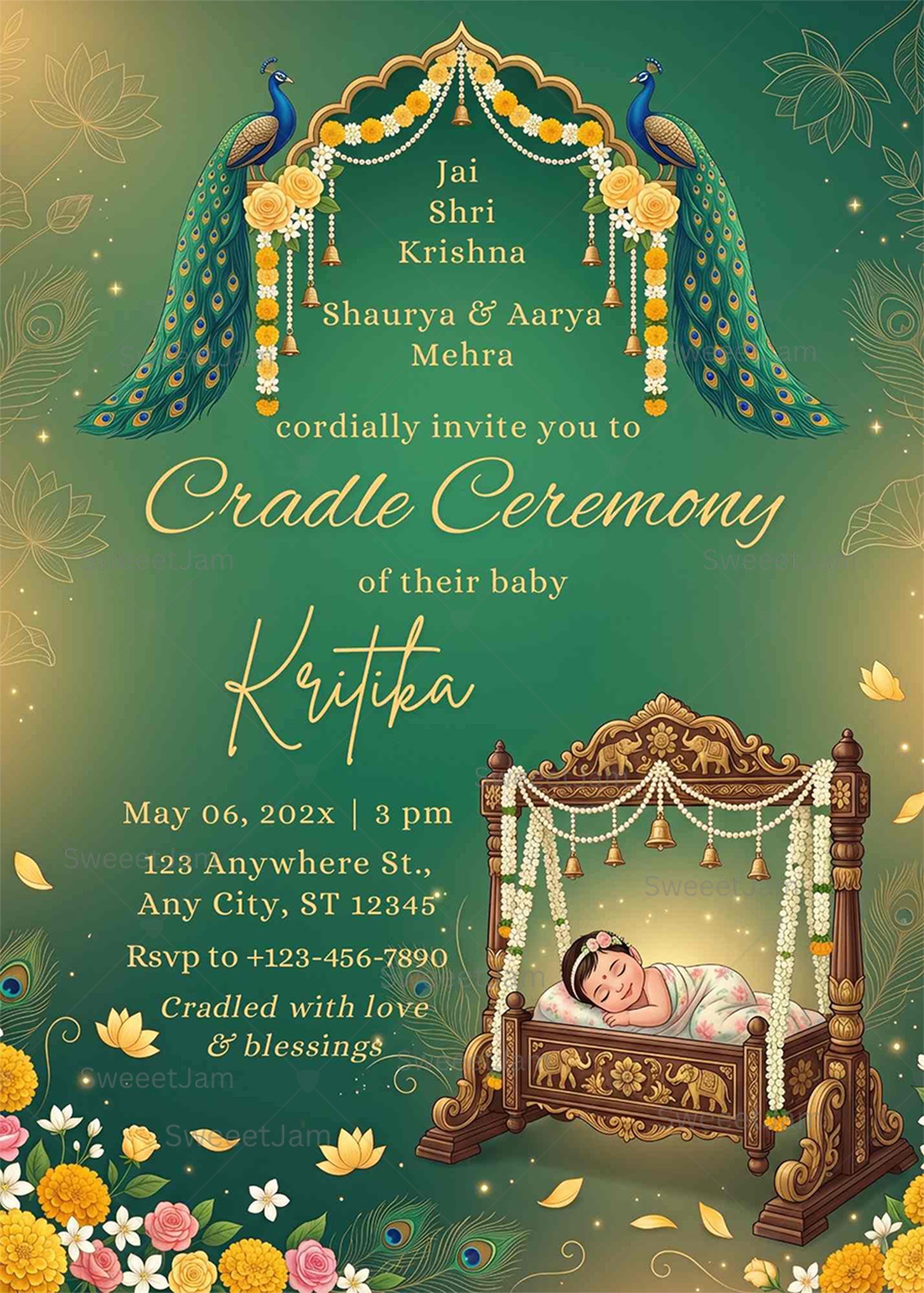 Peacock themed Indian cradle ceremony invitation with floral arch, traditional wooden cradle, green and gold background, editable baby ceremony digital invite